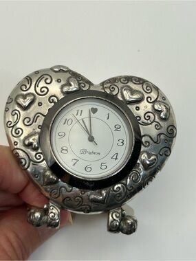 Brighton Silver Plated Heart Desk Clock Vintage Collectible Needs Repair Patina